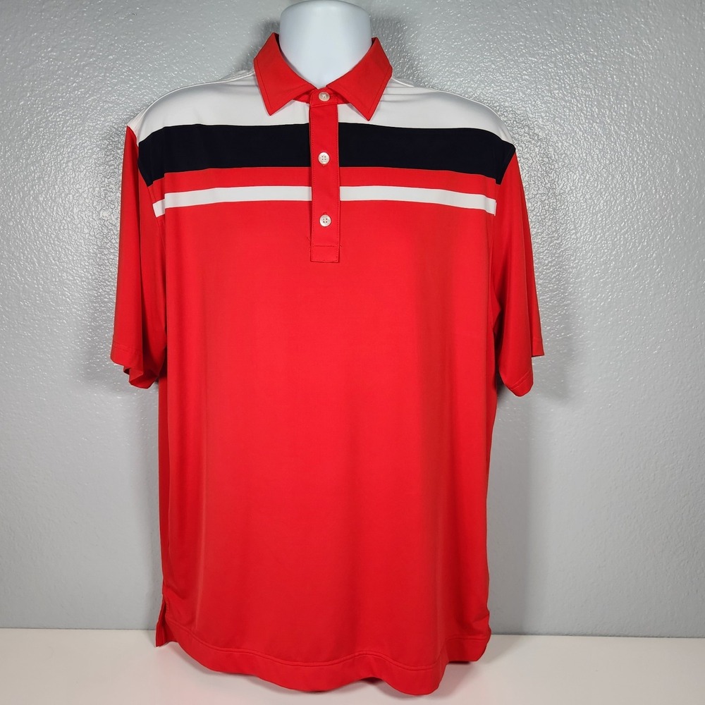FootJoy Polo Shirt Mens Large Red Blue Stripe Golf Performance Lightweight